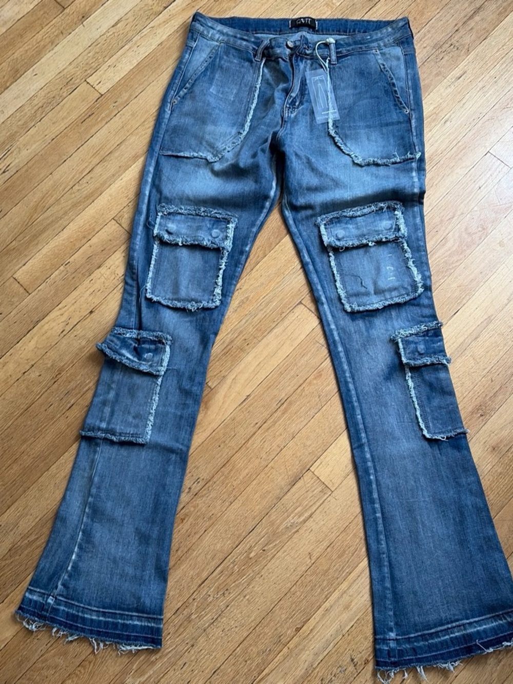 Distressed Blue Flared Cargo Jeans